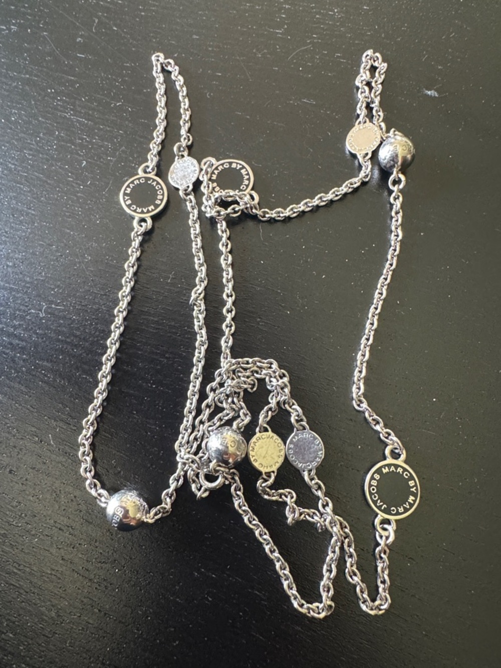 Vintage Marc by Marc Jacobs Two-Tone Logo Disc Necklace - Silver & Black Enamel
